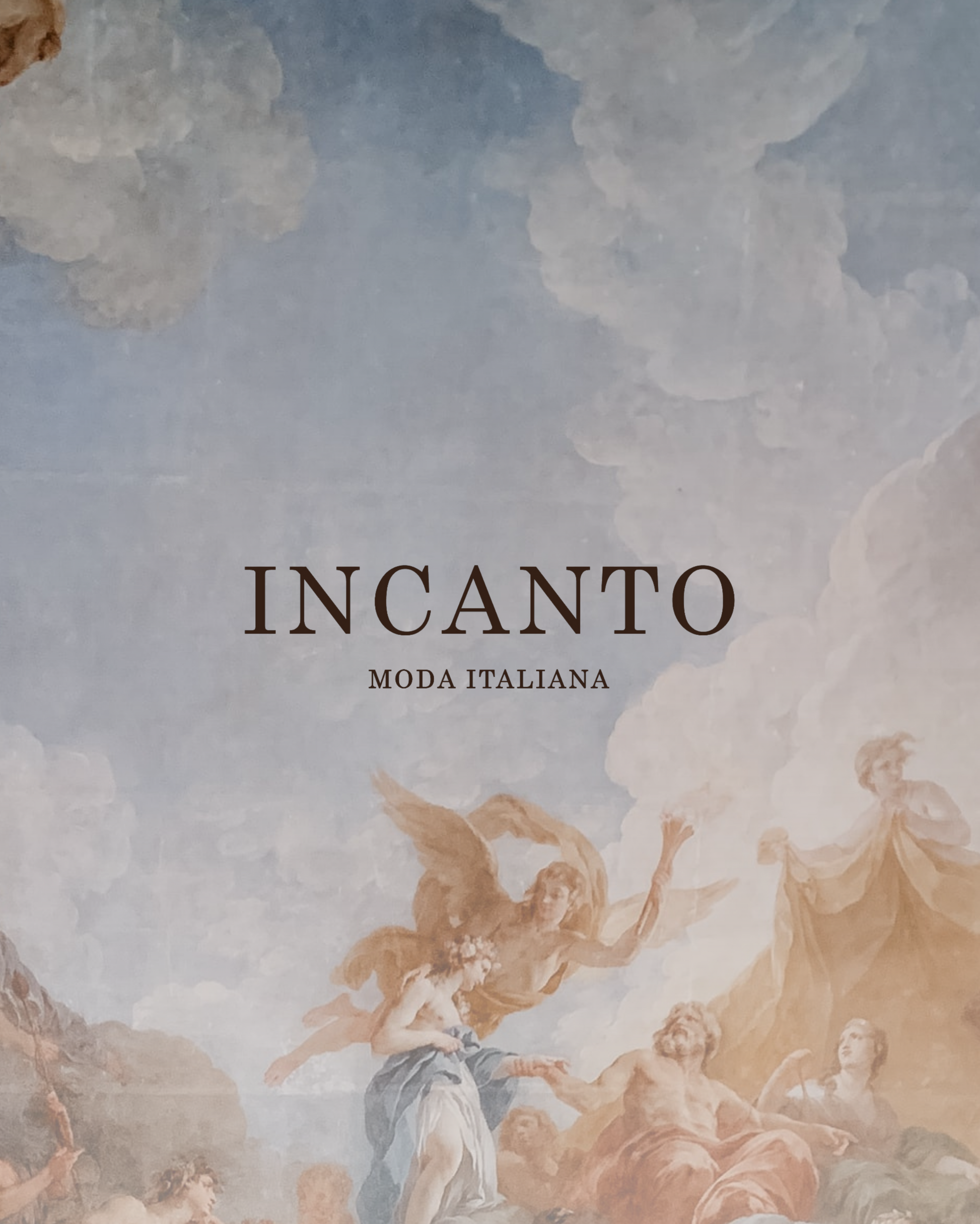 Decorative design with classical figures and 'INCANTO MODA ITALIANA' text on a light blue background.
