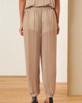 Beige pleated pants worn by a person in a minimal setting.